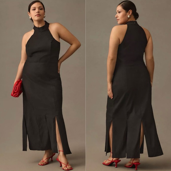 NWT Anthropologie Halter Slit Midi Dress Black - Picture 9 of 9